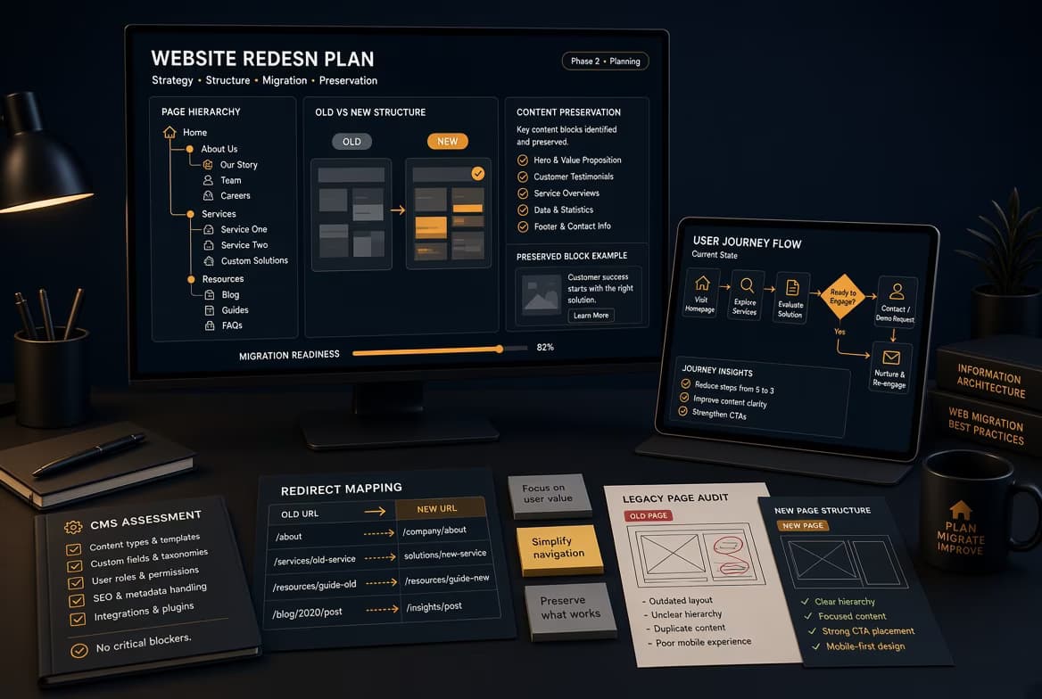 Planification de refonte de site web avec mises en page et structure de contenu